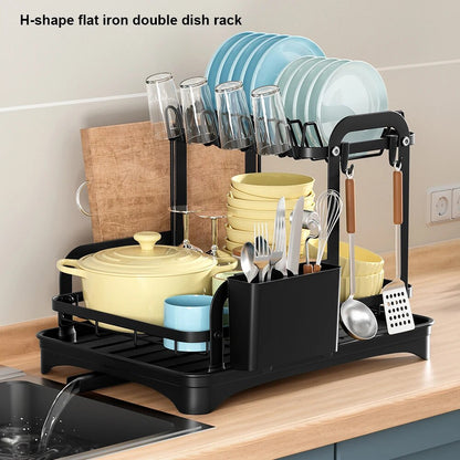 2 Tier Dish Bowl Drainer Storage Rack Kitchen Dish Drying Rack with Drain Basket Countertop Dinnerware Organizer Drainboard